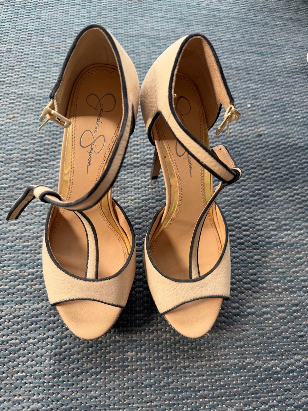 Jessica Simpson Beige and Black Trim Open-Toe Ankle-Strap Heels
